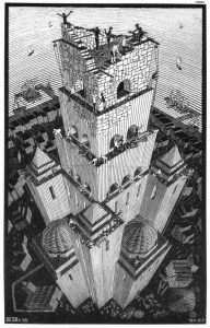 Torre di Babele, 1928. Un gruppo confuso di popoli diversi litiga e grida mentre il lavoro si ferma.
